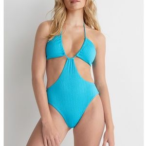 Blue turquoise raised ribbed cutout one-piece swimsuit NWT